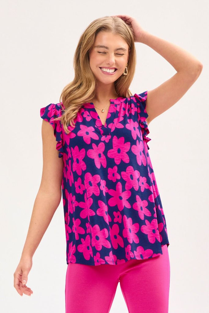 Navy Flower Flutter Sleeve Top-Blouse-Dear Scarlett-Three Birdies Boutique, Women's Fashion Boutique Located in Kearney, MO