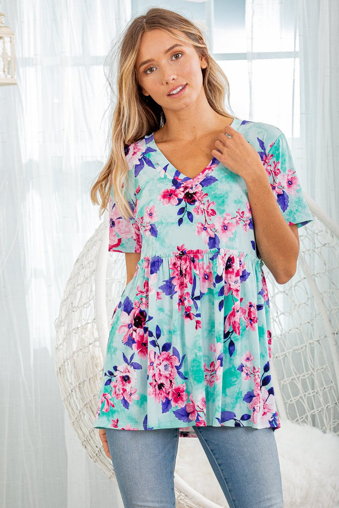Heimish V-Neck Mint Floral Top-Blouse-HEIMISH-Three Birdies Boutique, Women's Fashion Boutique Located in Kearney, MO