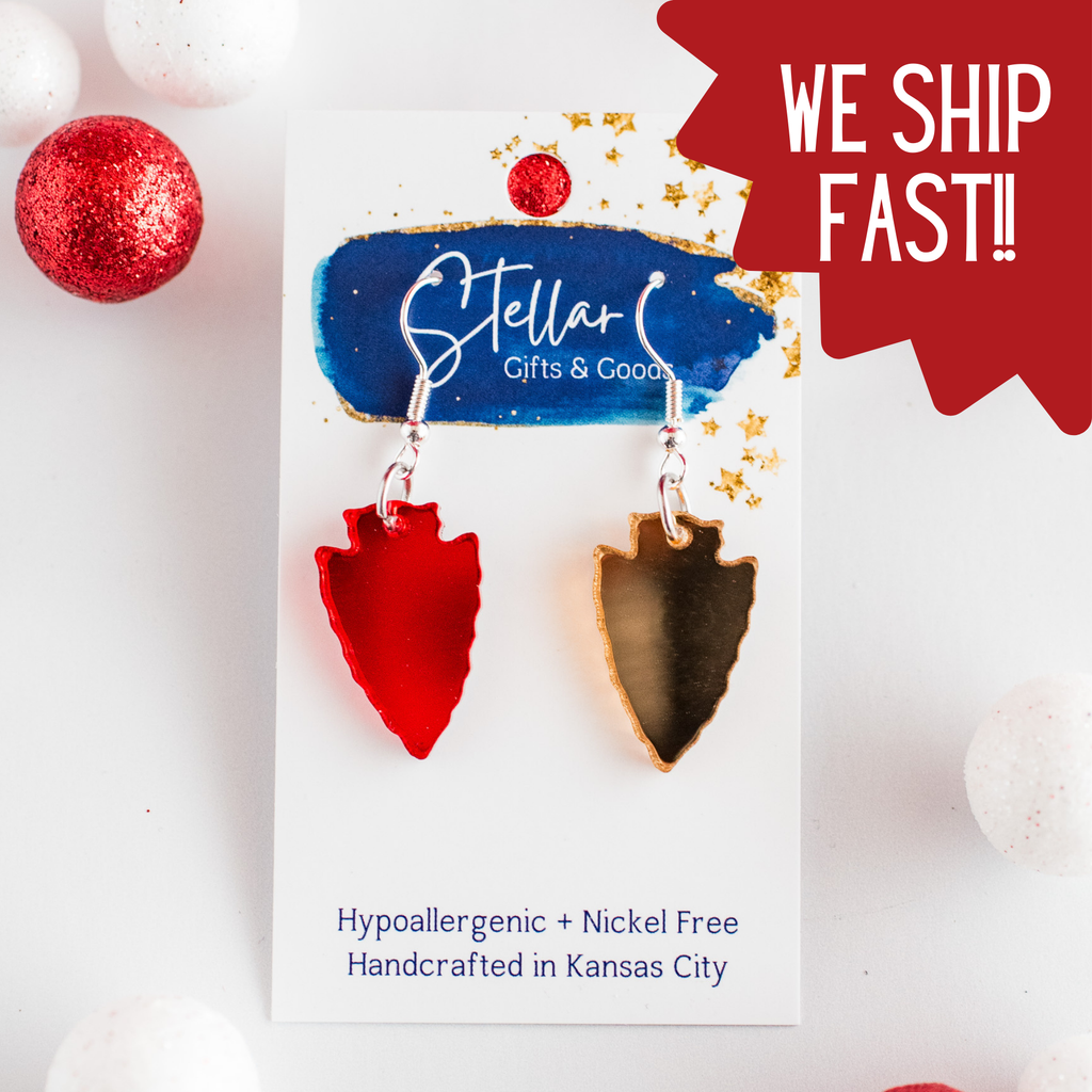 Petite Red & Gold Mirror Arrowhead Dangles KC football-Jewelry-Stellar Gifts & Goods Wholesale-Three Birdies Boutique, Women's Fashion Boutique Located in Kearney, MO